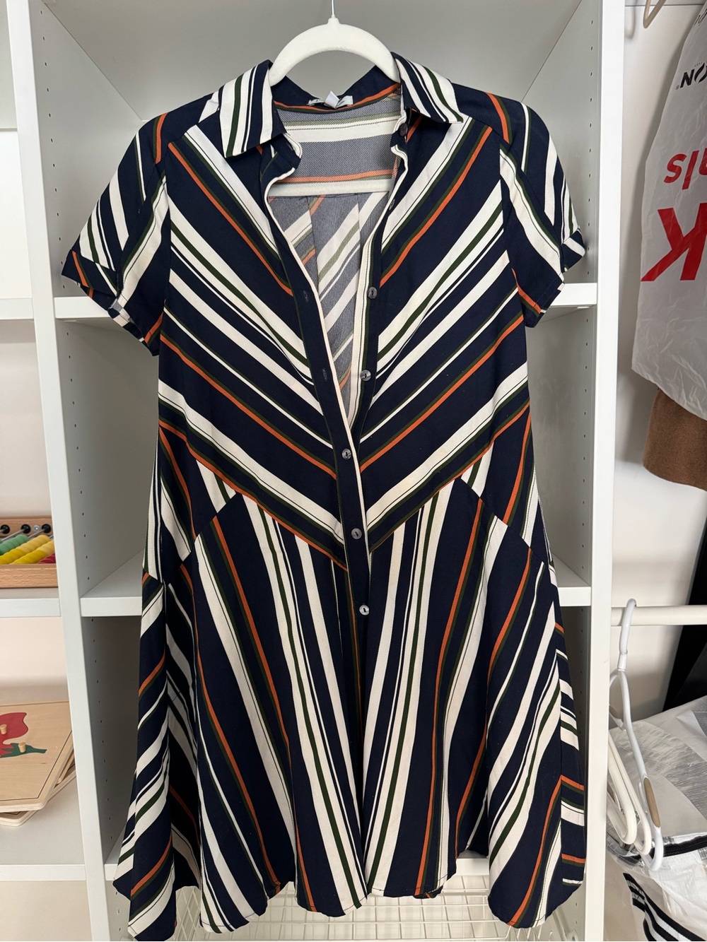 Navy Striped Button-Front Midi Dress with Orange and Ivory Accents